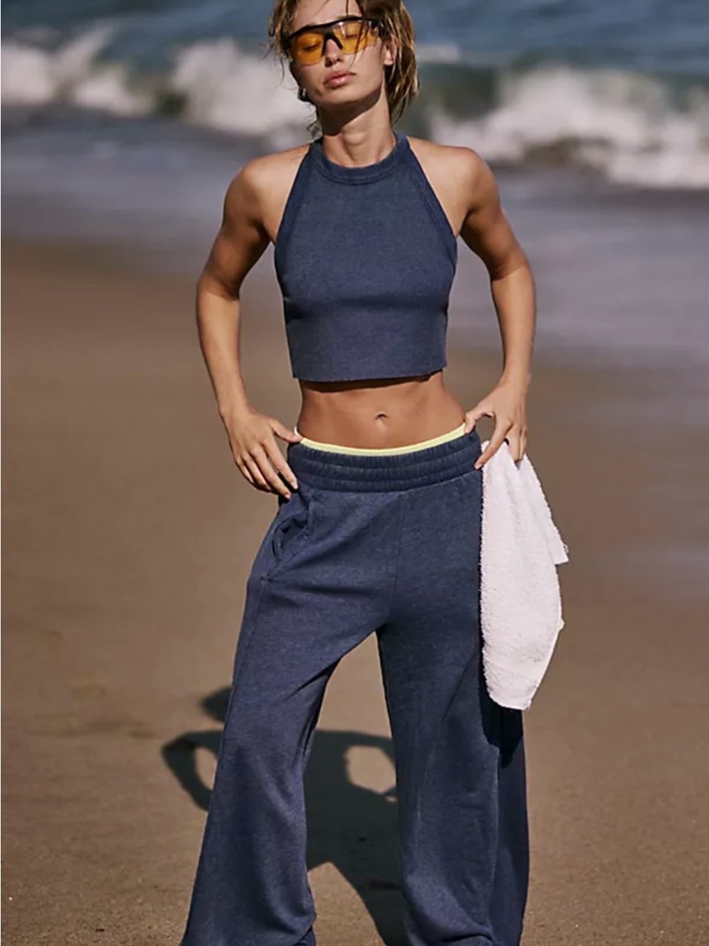 FP Movement by Free People Navy Wide Leg Lounge Pants with Yellow Waistband